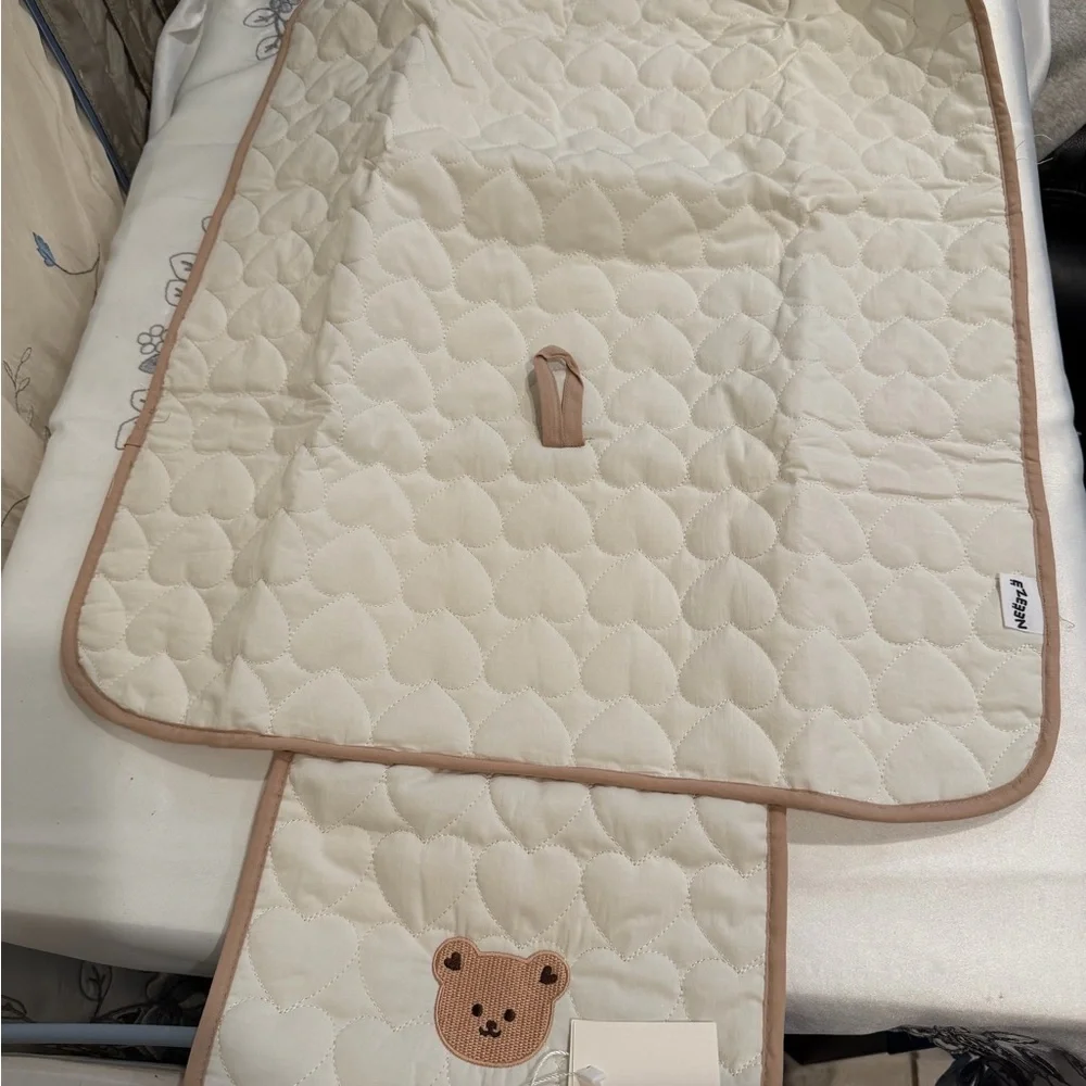 Neutral Cream Quilted Diaper Clutch with Brown Trim and Bear Accent